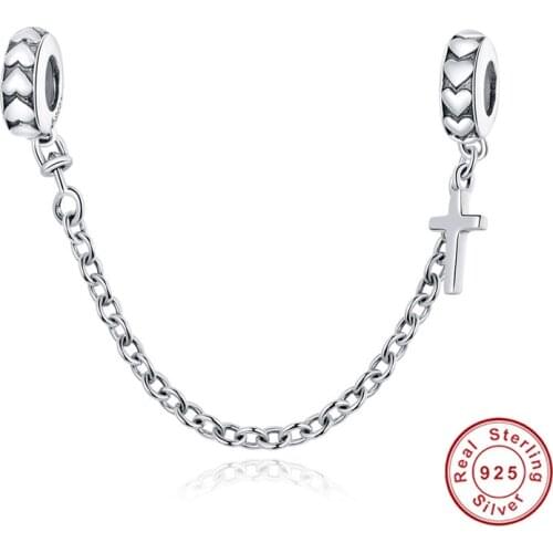 Real 100% 925 Sterling Silver Simple Cross Safety Chain Charm for Original Silver Bracelet Charms with Silicone Stopper