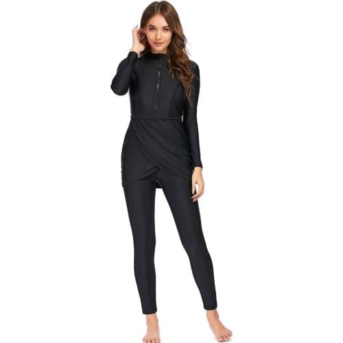2021 New Long Sleeve Solid black Muslim Swimwear Womens Muslim Swimsuit Burkini Summer Beach Swim Wear Arab Women Beachwear