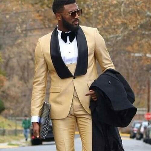 Slim Fit Men Wedding Suits Black Shawl Lapel 3 Piece Groom Tuxedo Khaki 3 Piece Male Blazer with Pants Fashion Waistcoat