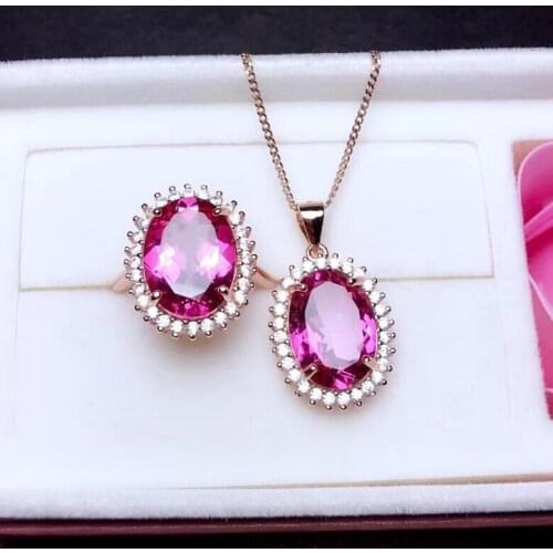 Big size charming fashion Pink Topaz gemstone ring necklace jewelry set 925 sterling silver natural real topaz girl party gift