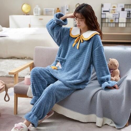 Pajamas Women Autumn and Winter Coral Velvet Suit Korean Version Sweet and Lovely Loose Warm Starry Velvet Home Service Spring