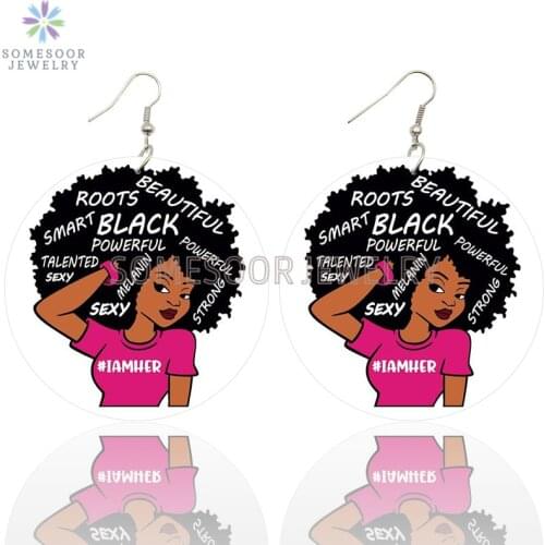 SOMESOOR Black Roots Natural Curly Girl Printed Wooden Drop Earrings I AM HER Powerful Afro Loops Dangle Jewelry For Women Gifts