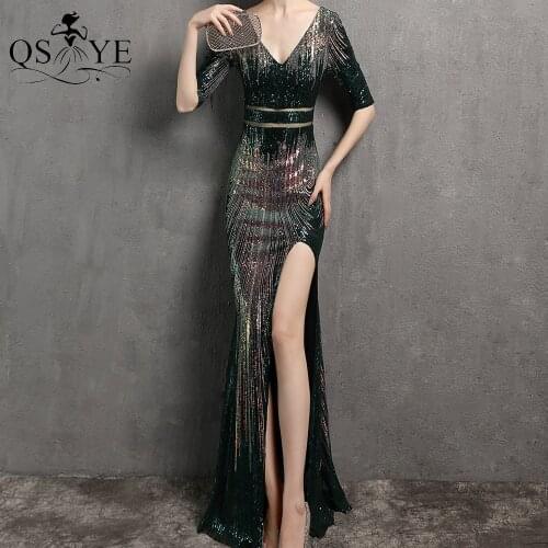 Hollow Out Waist Evening Dress Fading Green Evening Gown Long Sleeves Party Dress Emerald Prom Dress High Split Formal Gown V