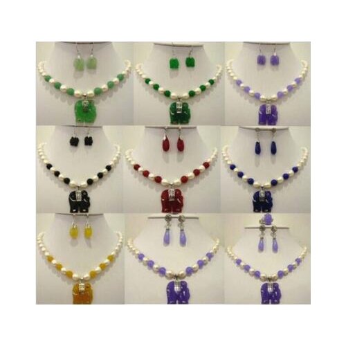 Jewelry Hot sell ~~White pearl light green natural stone elephant pendant necklace earring set