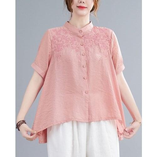 Oversized Women Cotton Linen Casual Shirts New Arrival 2021 Arts Style Vintage Embroidery Loose Female Short Sleeve Tops B814