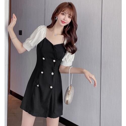 Women Beading Square Collar Puff Sleeve Dresses Sweet Contrast Color Patchwork Button Summer Vestidos Korean Fashion Robe