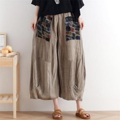 Johnature Women Retro Wide Leg Pants Patchwork Cotton Linen Trouser Elastic Waist Loose Autumn Clothes 2021 New Female Pants