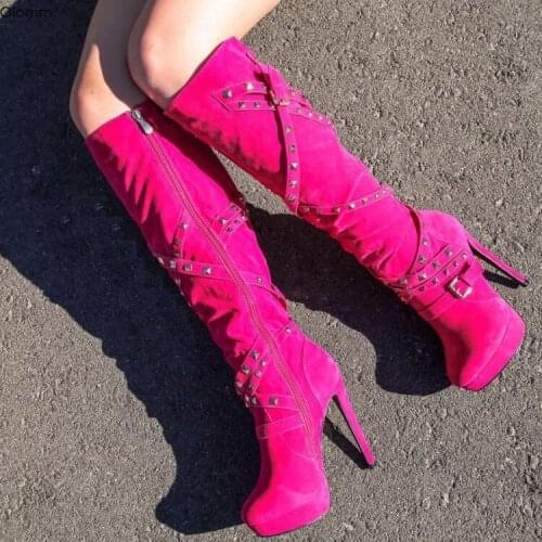 Olomm Women Platform Knee High Boots Sexy Rivets Thin High Heels Boots Round Toe Pretty Red Party Shoes Women Plus US Size 5-15