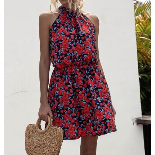 2021 New Women Mini Dress Floral Print Summer Beach Bobo Halter Neck Strap Casual A-line Girl Chiffon Short Dresses Hot Sale