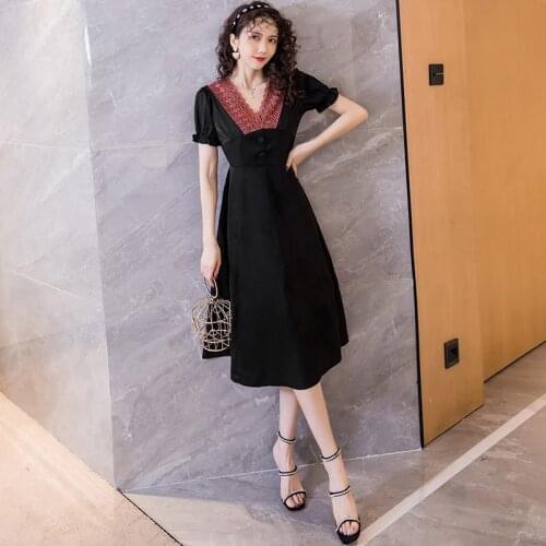 2021 Casual Short Sleeve Puff sleeve Midi Dresses Temperament elegant solid Women Summer Dress black Dresses