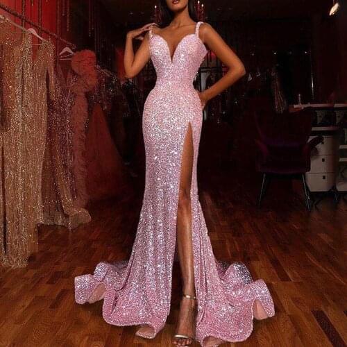 Pink Spaghetti Strap Evening Dresses Long 2021 Gorgeous Sexy V-Neck Split Mermaid Prom Gown Sparkle Sequin vestido de fiesta