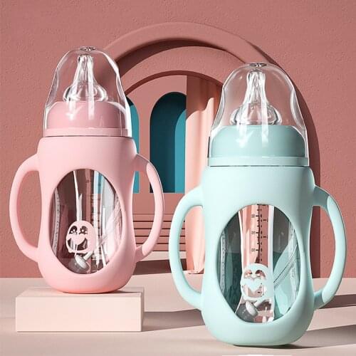 Baby Feeding Bottle Glass Dual Use Infant Drinking Cup Bottle Grip Handle High-temperature Wide Mouth PP Glass Silicone Handle