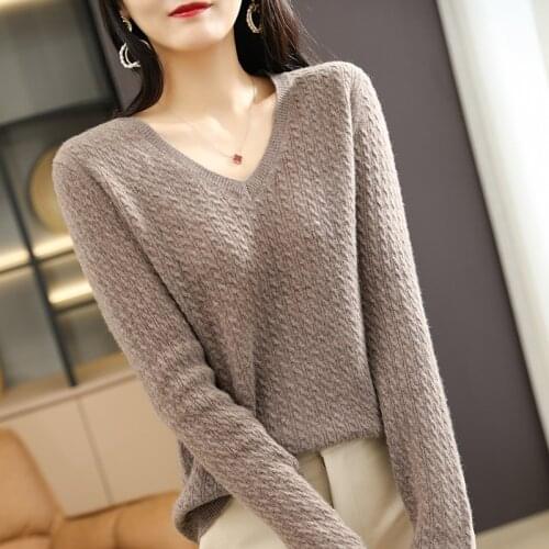 Hot Sale 100% Pure Wool Knitted Jumpers Autumn and Winter V-neck Twist Sweater Cashmere Knitwear Jackets