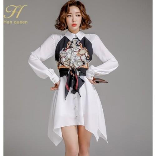 H Han Queen Korean Lapel Print Lace-up Single-breasted Shirt Dress Women Office Lady Evening Party Elegant Simple Series Dresses