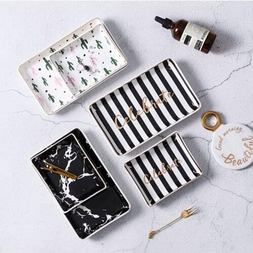 Ins Wind Ceramic Jewelry Tray Table Decorative Plate Desktop Marble Pattern Storage Tray Snack Dessert Dish Decoration Organizer