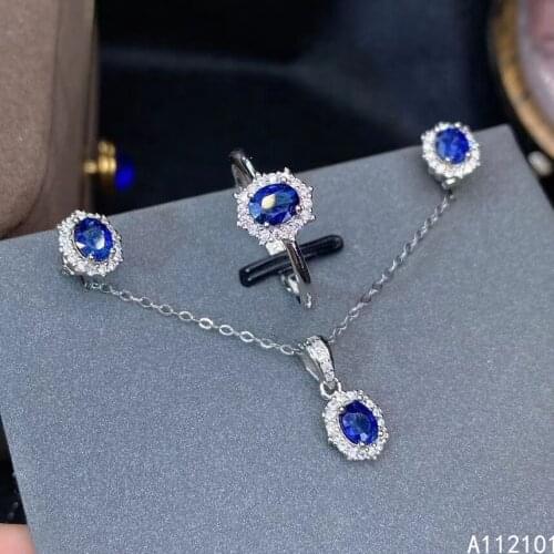 KJJEAXCMY fine Jewelry 925 sterling silver inlaid natural sapphire fashion pendant ring earring set support test Chinese style