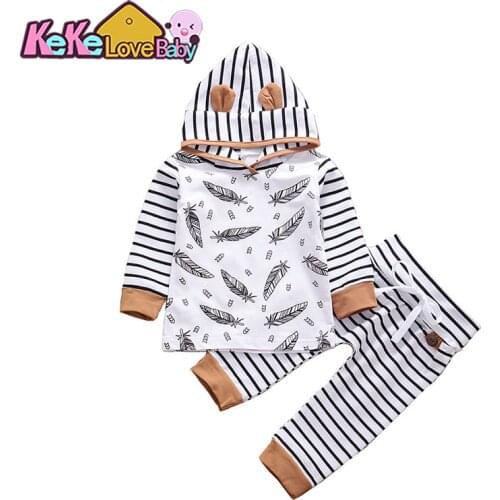 Newborn Baby Boy Clothes Set Autumn Stripe Hooded Tops Pants Outfit Clothes Feather Printed Cute Infant Boys Clothing 0-24M