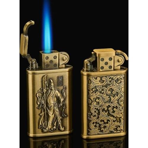 Creative Emboss Vintage bronze windproof straight Torch cigarette lighter Butane Gas Inflatable male smoking Gift set