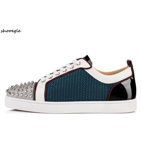 SHOOEGLE Men Low Top Sneakers Mixed Color Breathable Flats Rivest Studs Shoes Lace Up Sneakers Casual Shoes Men