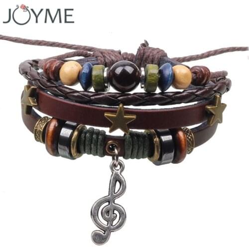 Cool Leather Rope Wrap Bracelet For Men Women Rock Punk Jewelry Vintage Adjustable Layered Beads Charm Music Note Bracelets