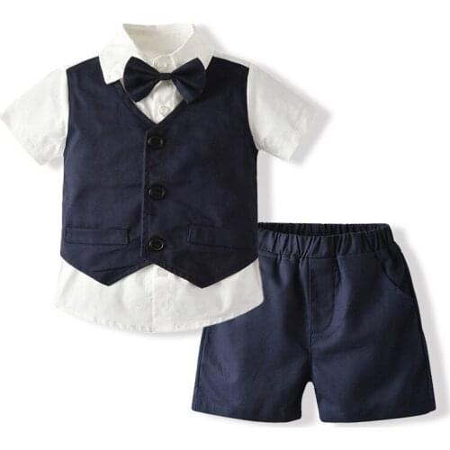 2021 Summer 1 2 3 4 5 6 Year Baby Boys Clothes Cotton Set Short-sleeved Patchwork Shirt with Elasticated Pants 3-piece Kids Kit