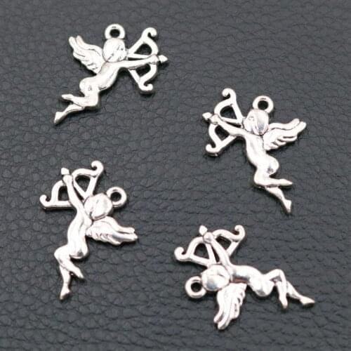 Cute Angel Metal Pendant, 28*20mm Angel Charms, Cupids Arrow Charms, Love Elf Charms, Angel Wings Charms, Silver Plated 10pcs