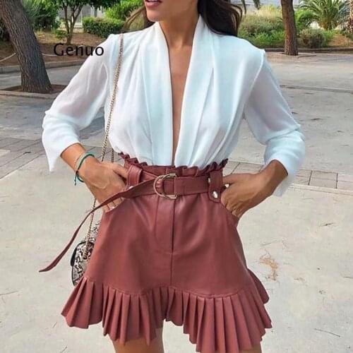 High Waisted Pleated Mini Skirt Women Black Skirts Korean Elegant Mini Skirt Female Faux Leather Skirt with Pocket