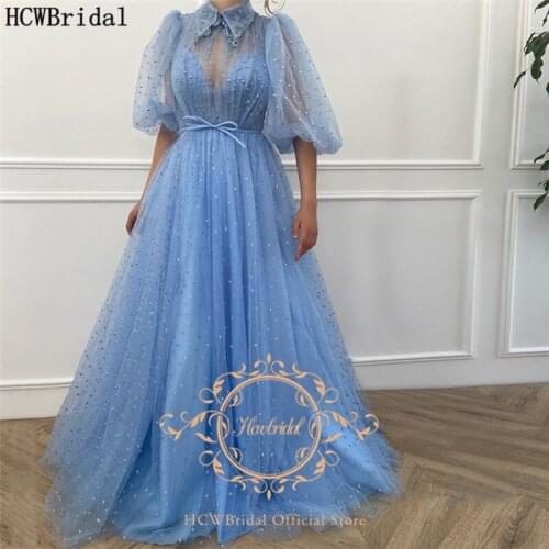 Mint Blue Dots Tulle Arabic Evening Dress Half Sleeves High Neck Plus Size Women Prom Gown Long Formal Dresses Robe De Soiree