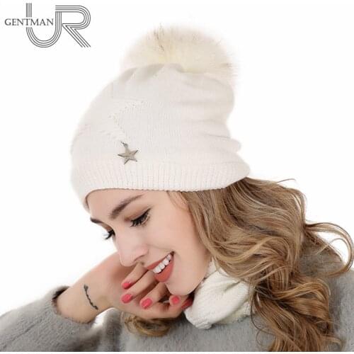 New Women Warm Winter Hat Add Fur Lined Soft Beanies Neck Warmer Scarf Five Star Pendant Knitted Hat Fashion Pompoms Hat