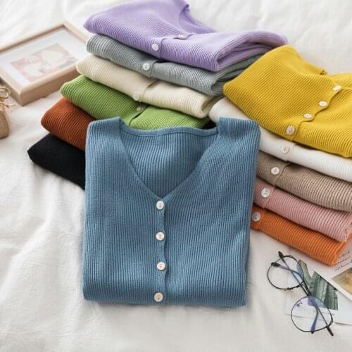 2021 Autumn Winter Button V Neck Sweater Women Basic Slim Pullover Women Sweaters And Pullovers Knit Jumper Ladies Tops Pink