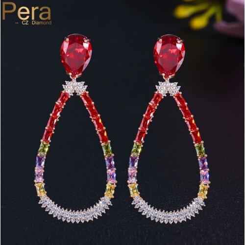 Pera Noble Long Hollow Waterdrop Shape Drop Colorful CZ Crystal Gold Plated Dangle Earring for Women Weddding Party Jewelry E748