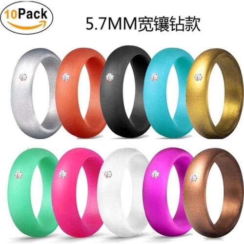 Food Grade FDA Silicone Finger Ring 5.7mm rhinestone crystal Pink Gold Rubber Ring For Men Women Wedding Jewelry size 4 5 6 7 8