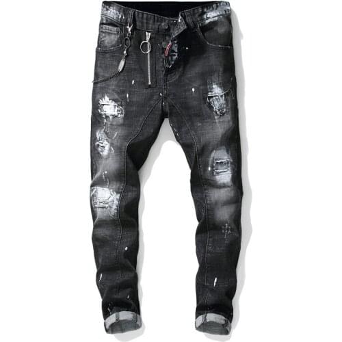 Best-selling Jeans Tattered Splash Paint Stitching Mens Slim Stretch Black Beggar Pants Autumn and Winter New