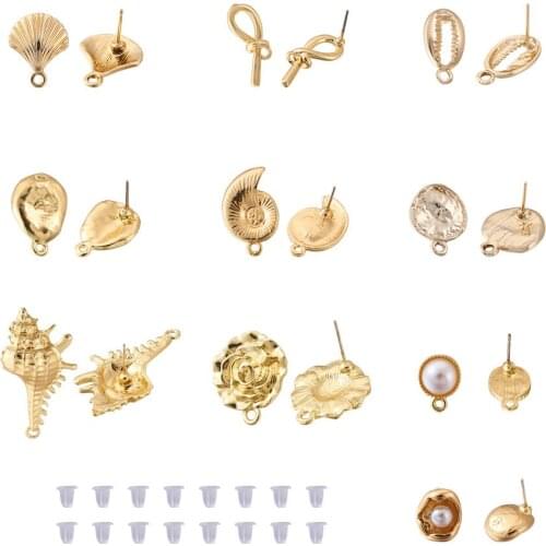 20 Pairs Light Gold Plated Earring Posts Scallop Cowrie Shell Shape Stud Earring Findings with Plastic Ear Nuts for Women Girls
