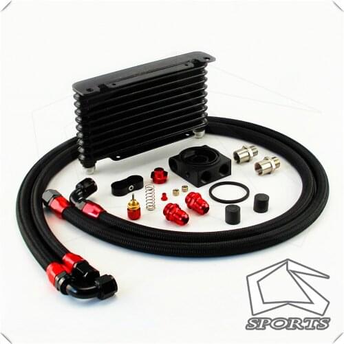 10AN 32MM 10 Rows Universal Engine Oil Cooler+Thermostat Sandwich Plate Black