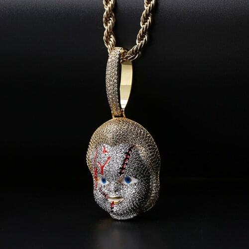 Hip Hop Micro Paved AAA Cubic Zirconia Bling Ice Out Gold Childs Play Seed of Chucky Pendants Necklace for Men Rapper Jewelry