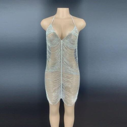Flashing Silver Rhinestone Chains Backless Short Dress Women Dancer Hollow Outfit Prom Birthday Celebrate Dress