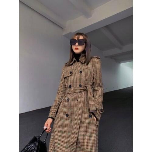 New 11.12 Autumn Winter Houndstooth Plaid Keep Warm Wool Coat Women Vintage Fashion Temperament Mid-Length Overcoat Outerwear