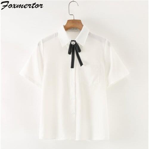 2021 Bow Tie Blouses Summer Women Solid Short Sleeve Shirts Basic Loose Tops Lapel Female Clothing Casual JK Preppy Style #H79