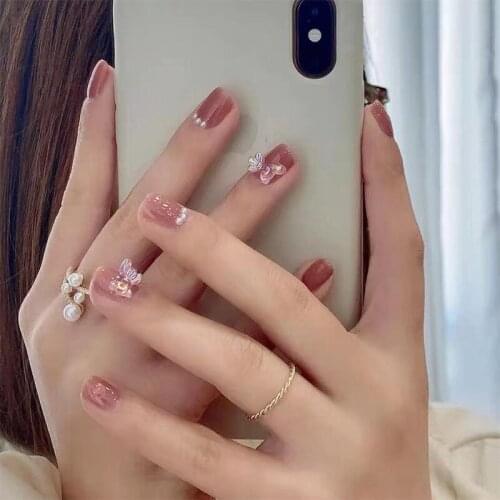 24pcs/box Fake Nails With Glue Type Short Bean Paste Fashion Manicure False Nails Press On Wearable Nail Patch Gifts For Girls D