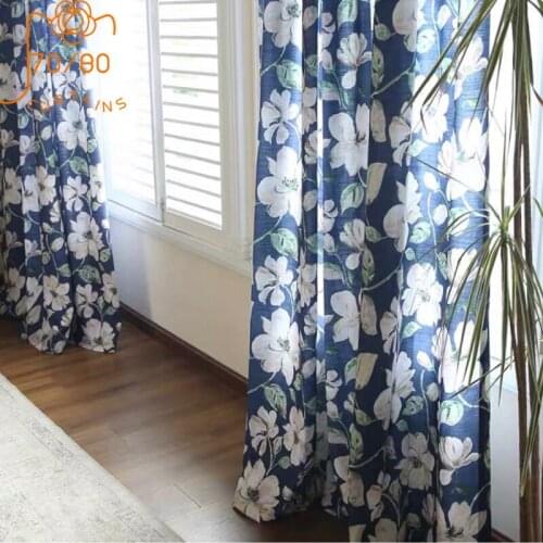 American Curtains for Living Dining Room Bedroom Retro Blue Big Flower Navy Pastoral Imitation Cotton and Linen Curtains Tulles