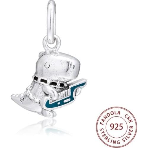 Genuine 925 Sterling Silver Dino the Dinosaur Punk Band Dangle Charms Beads for Jewelry Making Fits Pandora Bracelet Argent 925