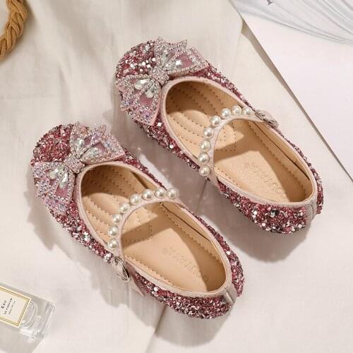 Children‘s’ shoes 2021 spring new girls' single shoes bow knot rhinestone princess childrens soft bottom fashion show shoes