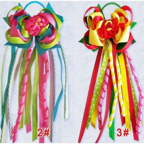20 BLESSING Girl 4.5" Colorful Rose Ponytail Hair Bow Elastic Pony Streamers
