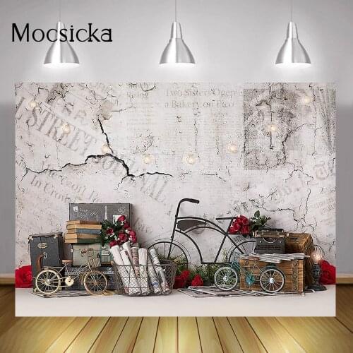 Valentines White Brick Wall Photography Backdrop Bicycle Red Rose Background Valentines Wedding Bridal Shower Photocall Boda