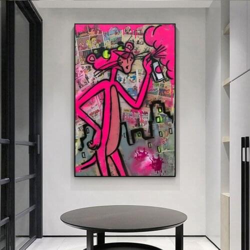Modern Street Graffiti Art Canvas Painting Pink Panther Posters and Prints Wall Pink Leopard Picture for Living Room Home Decor