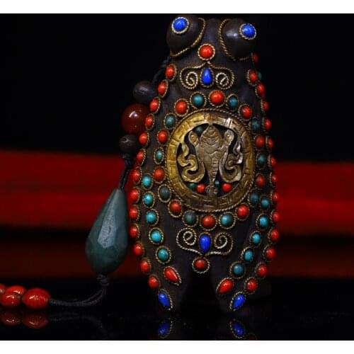 3"Tibet Temple Collection Old Natural meteorite Filigree mosaic Gem Dzi Bead Golden Cicada Statue Blockbuster Pendant Town House