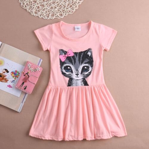 Pretty Girls Kids Summer Dress Cotton Blend Short Sleeve Cat Print Party Dress Cute Girls Dress Age 2-8Y