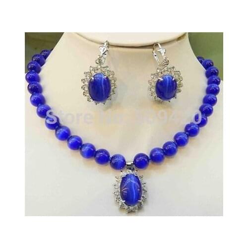 Wholesale jewe217>>2020 Blue Mexican Opal Round Beads Gems Pendant Necklace Earring Set 18"