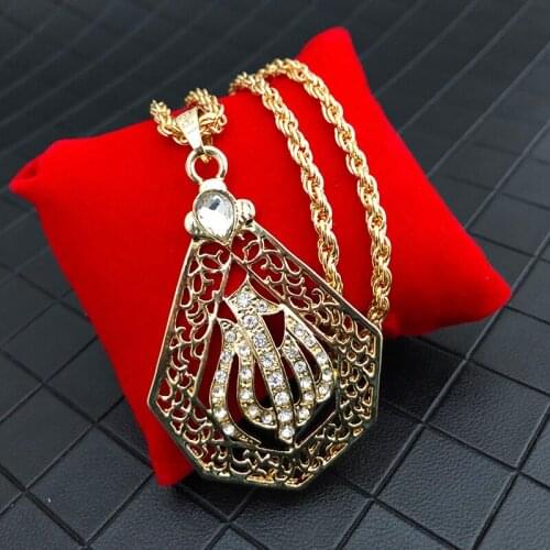 Moroccan Golden Pendent Allah Necklace for Bridal Long Chain Hand Shape Heart Shape Eye Shape Necklace Party Caftan Jewelry